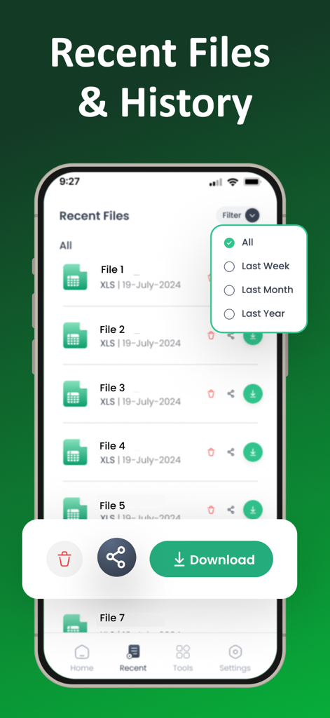 Image to Excel Converter－XLSX - Una interfaz móvil que muestra una lista de archivos de Excel convertidos con opciones para filtrar, descargar y compartir documentos.