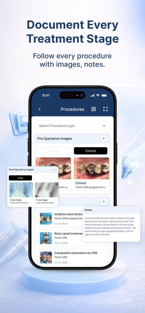Interfaz de la aplicación UpDent que muestra la documentación clínica dental con imágenes de rayos X y notas de tratamiento.