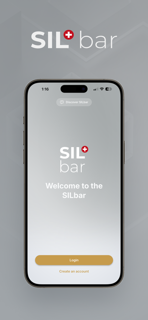 SILbar - SILbar app welcome screen with login and account creation options