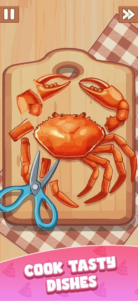 Screenshot of Cookingdom gameplay showing a crab being prepared with scissors on a wooden cutting board
