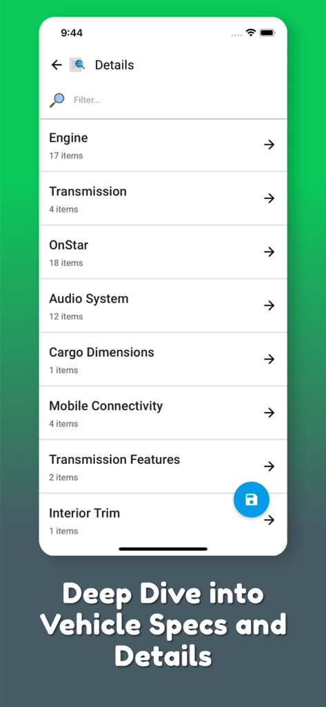 Interfaccia dell'app mobile che mostra le specifiche dettagliate del veicolo inclusi i dettagli su motore, trasmissione e sistema audio.