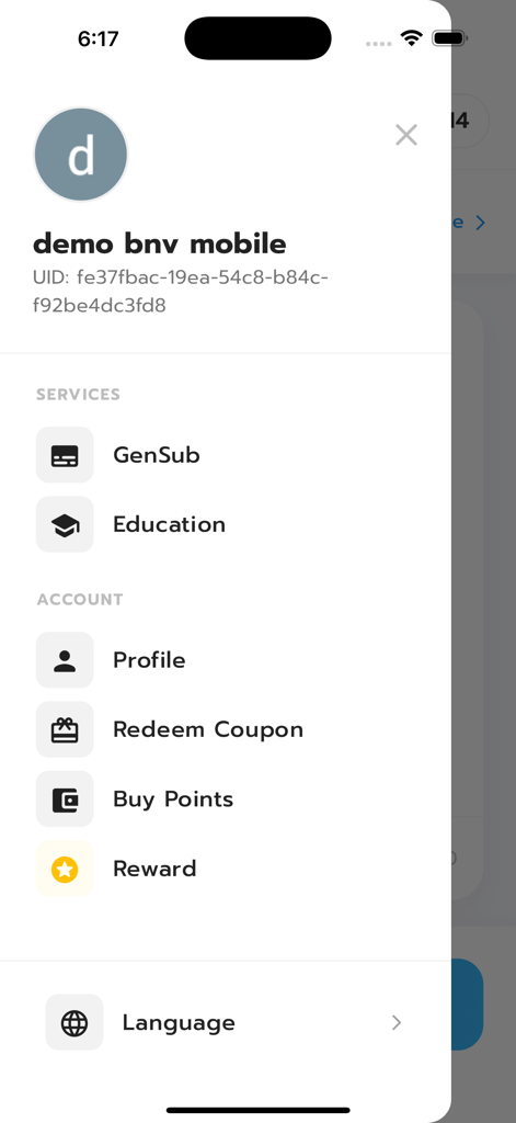 Botnoi Voice - Text to Speech - User profile and settings menu in the Botnoi Voice app showing account options and services