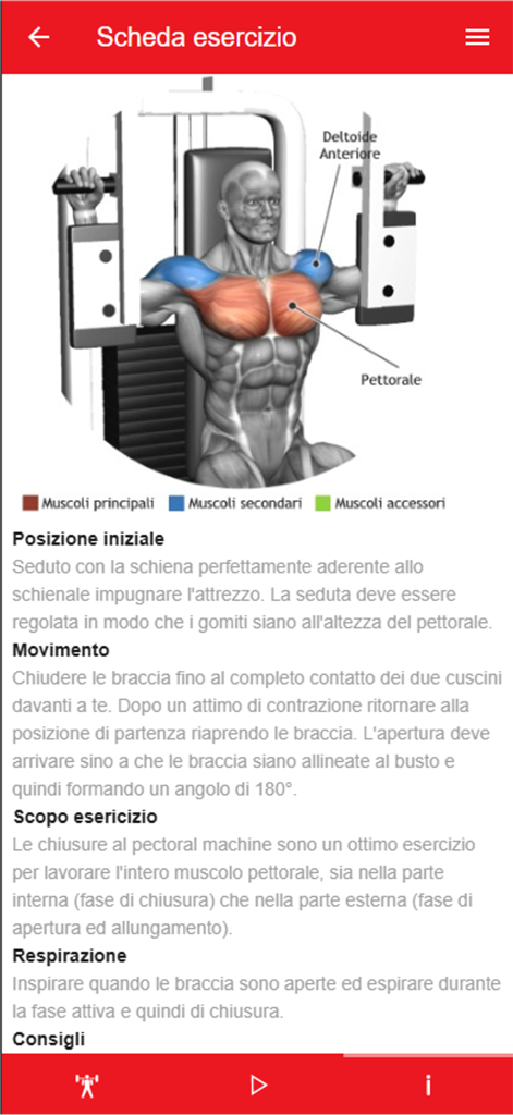 MauroFitnessCoach - Anatomical 3D muscle map and exercise instructions for a chest workout on the MauroFitnessCoach app