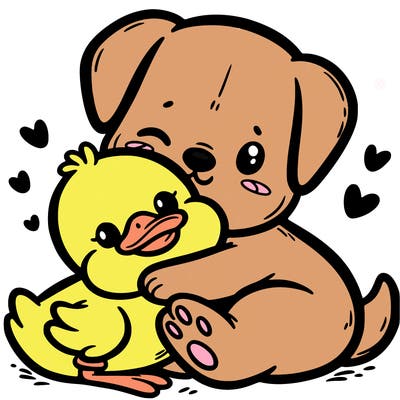 cute dog hugging a cute duckling