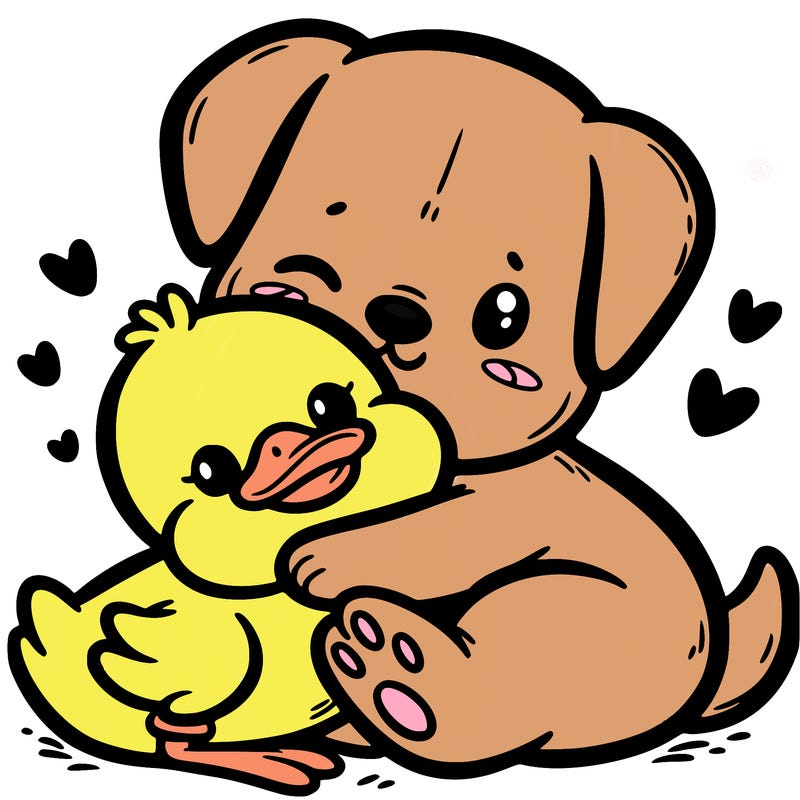 cute dog hugging a cute duckling