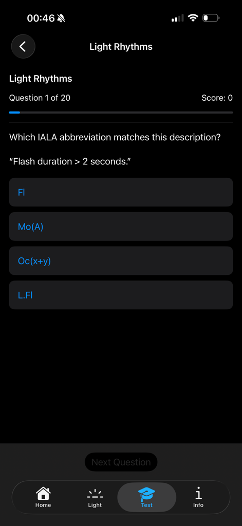Maritime Master – IALA Buoyage - Maritime Master app light rhythms quiz screen showing multiple choice options for IALA abbreviations