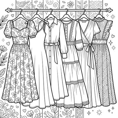 Dive into the world of fashion with this exquisite coloring page featuring a rack full of elegant midi dresses. Unleash your creativity by adding vibrant colors and unique patterns to these stylish designs, perfect for a relaxing artistic escape.
