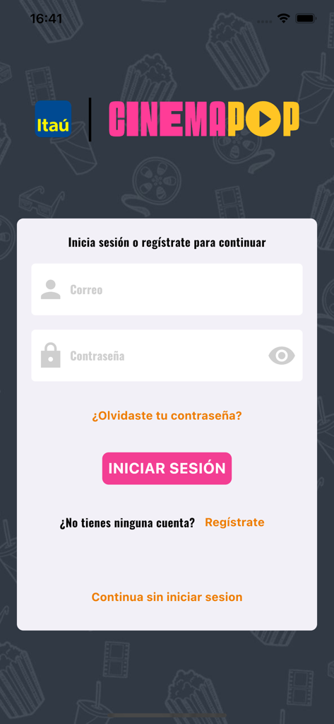 Itau Cinemapop - Schermata di login dell'app Itau Cinemapop che mostra i campi di inserimento email e password con i loghi Itaú e Cinemapop