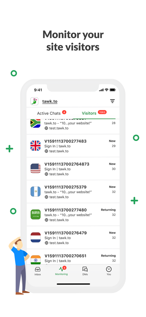 Tawk.to mobile app interface for monitoring website visitors in real-time.