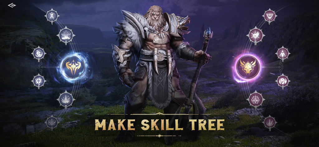 Ein Krieger mit Löwenkopf passt seinen Skill-Tree im Handyspiel Flame of Valhalla an.