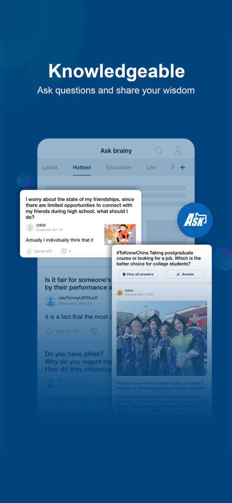 China Daily app Ask brainy section showing a community Q and A platform with topics on education and lifestyle
