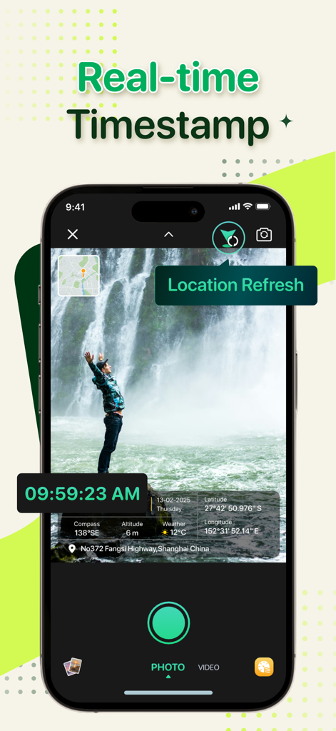 Screenshot of Timestamp Camera app showing real-time date, time, and GPS location data over a photo of a waterfall.
