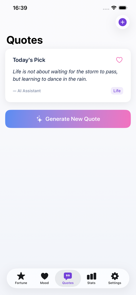 Écran Citations de l'application MoodCharm présentant un message de motivation quotidien et un bouton pour générer une nouvelle citation.