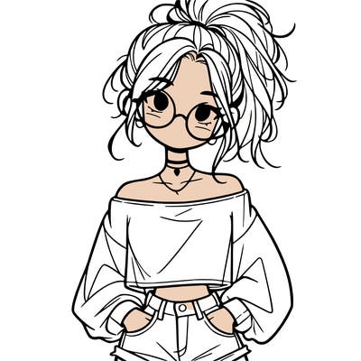 girl with a messy ponytail glasses a baggy crop top and jean shorts