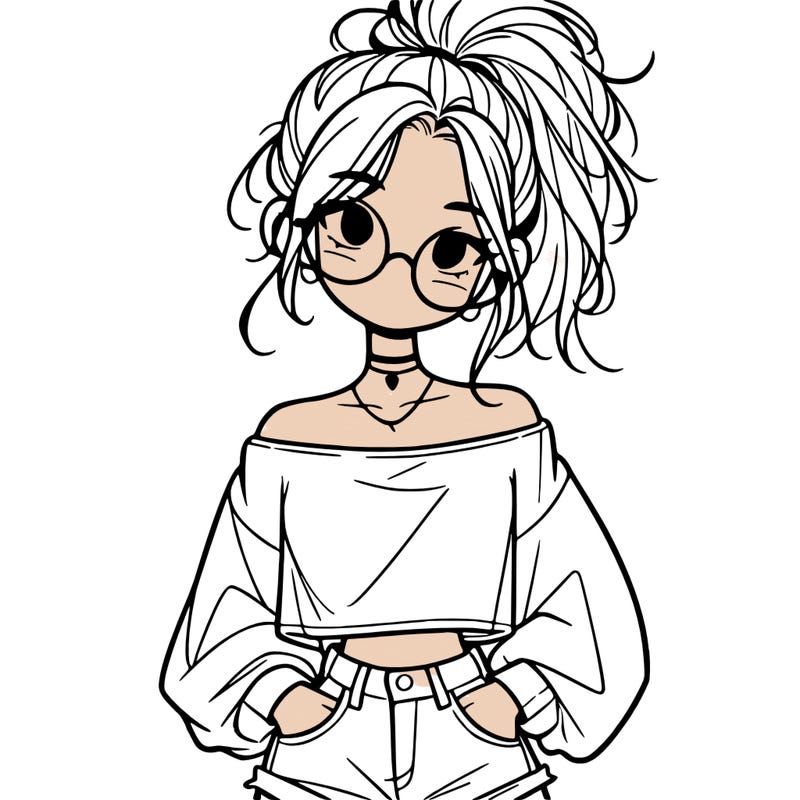 girl with a messy ponytail glasses a baggy crop top and jean shorts