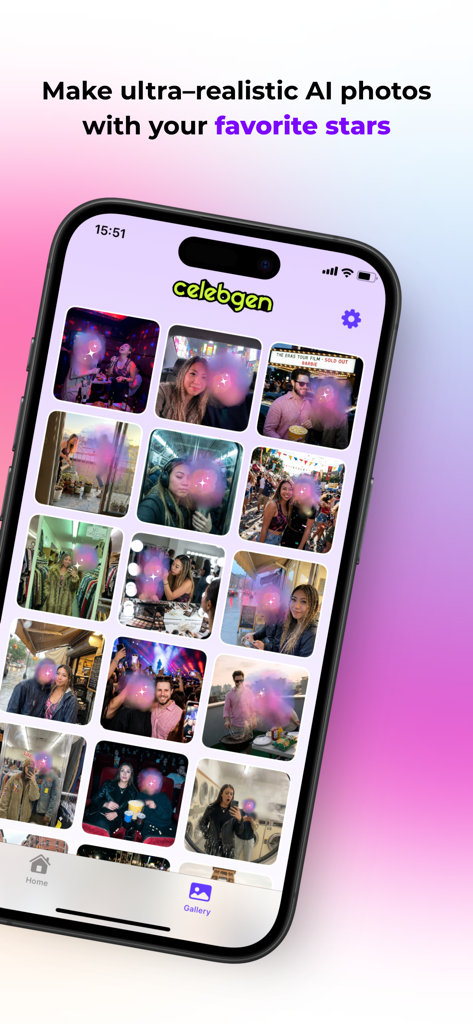 CelebGen: Selfies with Celebs - Ein Smartphone, das die CelebGen App-Galerie mit verschiedenen KI-generierten Fotos von Nutzern mit Berühmtheiten in verschiedenen sozialen Umgebungen zeigt.