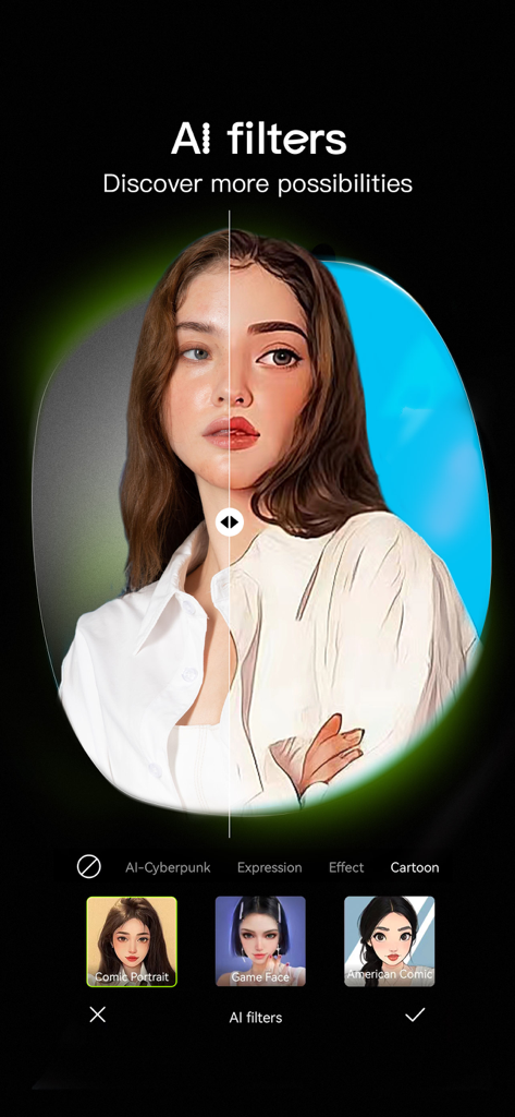 Una pantalla dividida mostrando un retrato antes y después de aplicar un filtro IA de cómic en la app Hypic