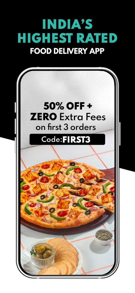 EatClub: Food Delivery App - Schermata promozionale dell'app EatClub che offre uno sconto del 50% e zero costi aggiuntivi sui primi tre ordini