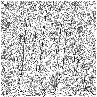 Explore a magical autumn world where stalagmites meet the beauty of fall foliage in this intricate coloring page. Perfect for celebrating the cozy vibes of the season, it offers a unique blend of nature's wonders.