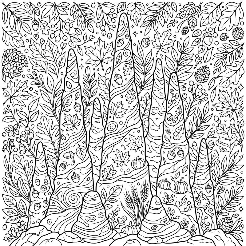 Explore a magical autumn world where stalagmites meet the beauty of fall foliage in this intricate coloring page. Perfect for celebrating the cozy vibes of the season, it offers a unique blend of nature's wonders.