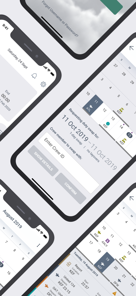 A montage of CAE Crew Access Mobile app screens showing flight rosters and duty swap options.