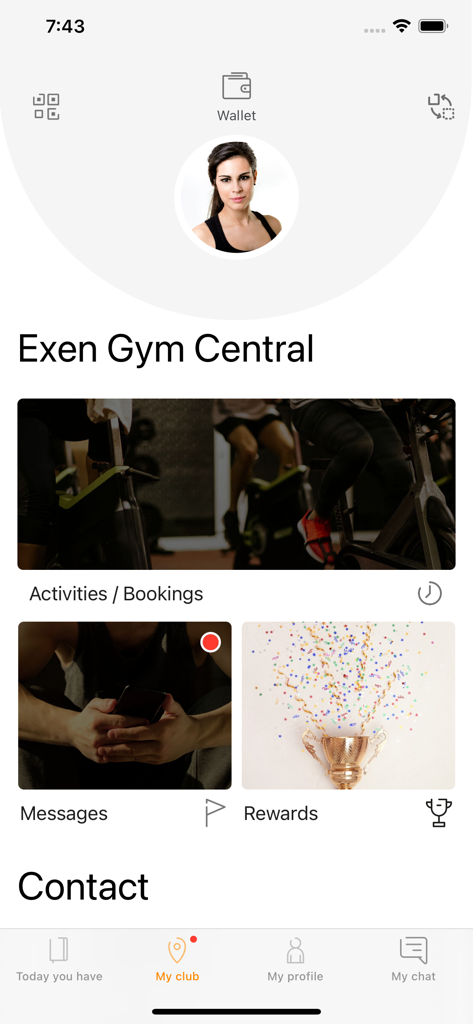Exen Gym - Exen Gym app home screen showing member dashboard with profile picture and sections for activities bookings messages and rewards