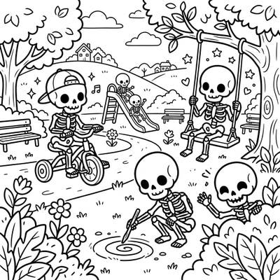 Dive into a delightful park scene where friendly skeletons are enjoying a day of play. This charming coloring page is perfect for kids to bring to life with vibrant colors.