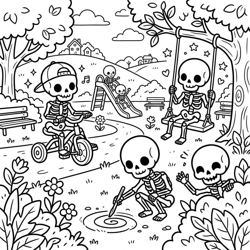 Dive into a delightful park scene where friendly skeletons are enjoying a day of play. This charming coloring page is perfect for kids to bring to life with vibrant colors.