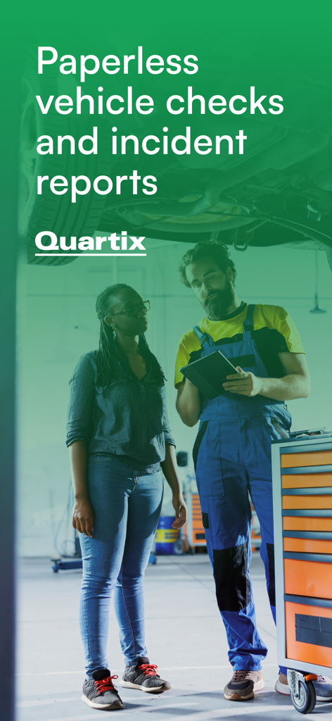 Quartix Check - Pantalla de inicio de la aplicación Quartix Check destacando revisiones de vehículos sin papel y reportes de incidentes
