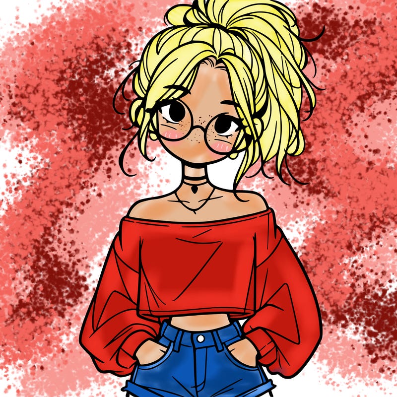 girl with a messy ponytail glasses a baggy crop top and jean shorts