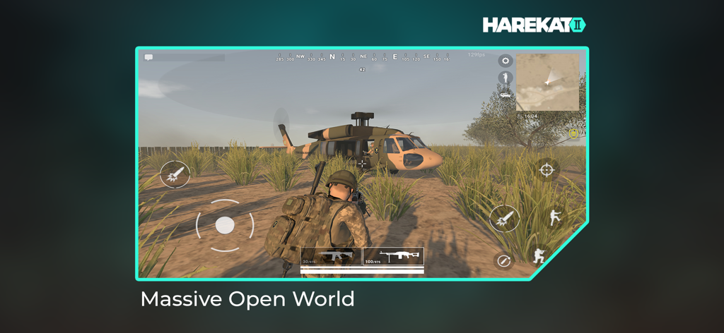 Un soldado táctico de pie en un campo de hierba cerca de un helicóptero militar en la simulación de mundo abierto Harekat 2.