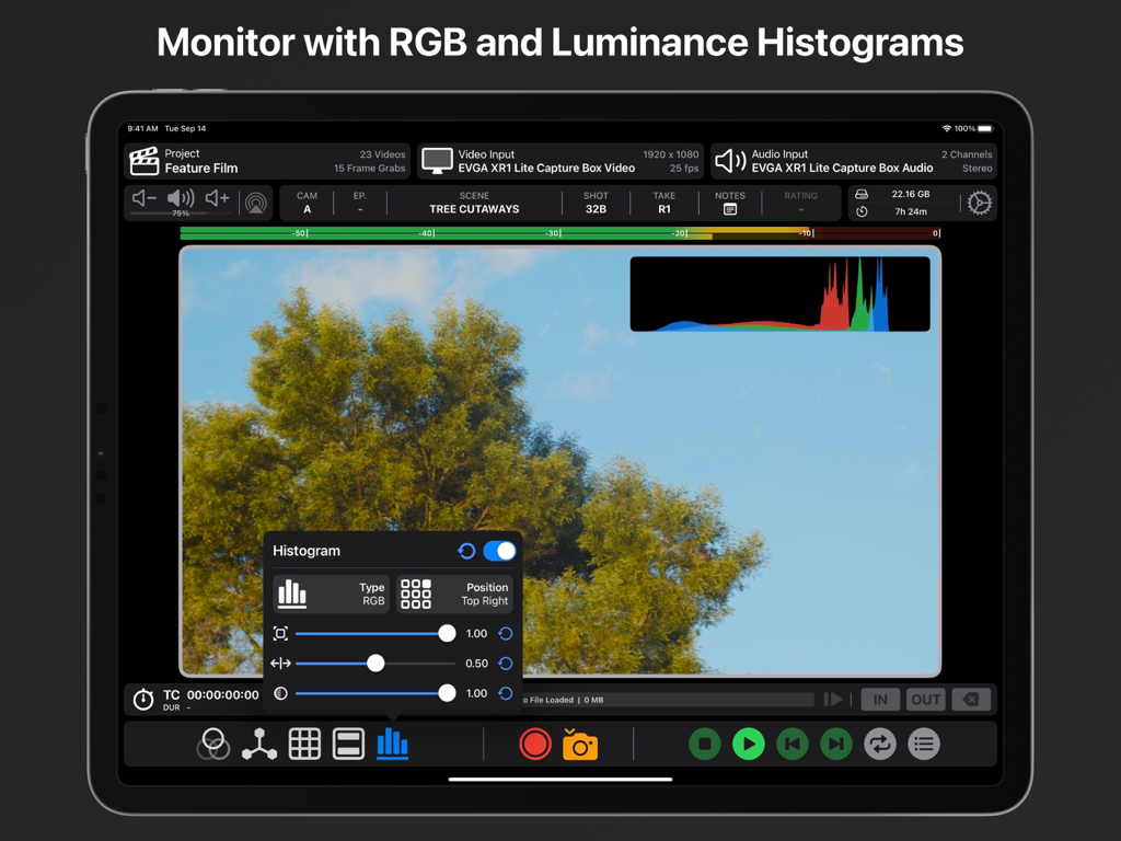 Monitorización de video profesional en iPad con histogramas RGB y de luminancia con configuraciones personalizables.