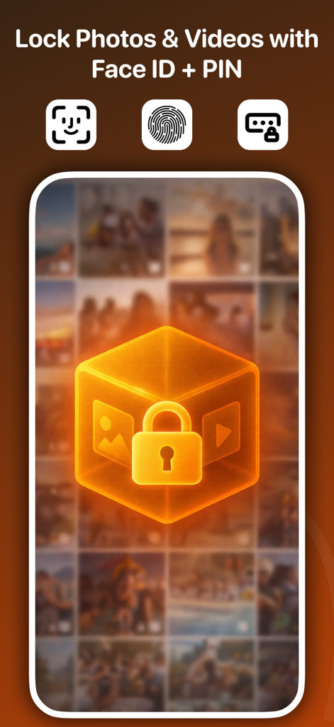Private Photo Vault: iLockBox - Interface of iLockBox showing options to lock photos and videos using Face ID or PIN code