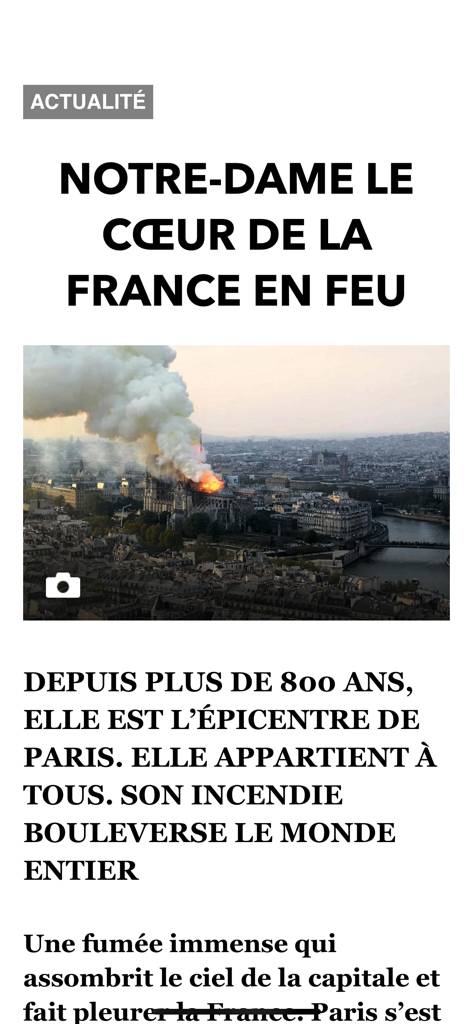 L'ancienne app Paris Match - Digitale Magazinseite von Paris Match, die den Nachrichtenartikel über den Brand von Notre Dame zeigt.