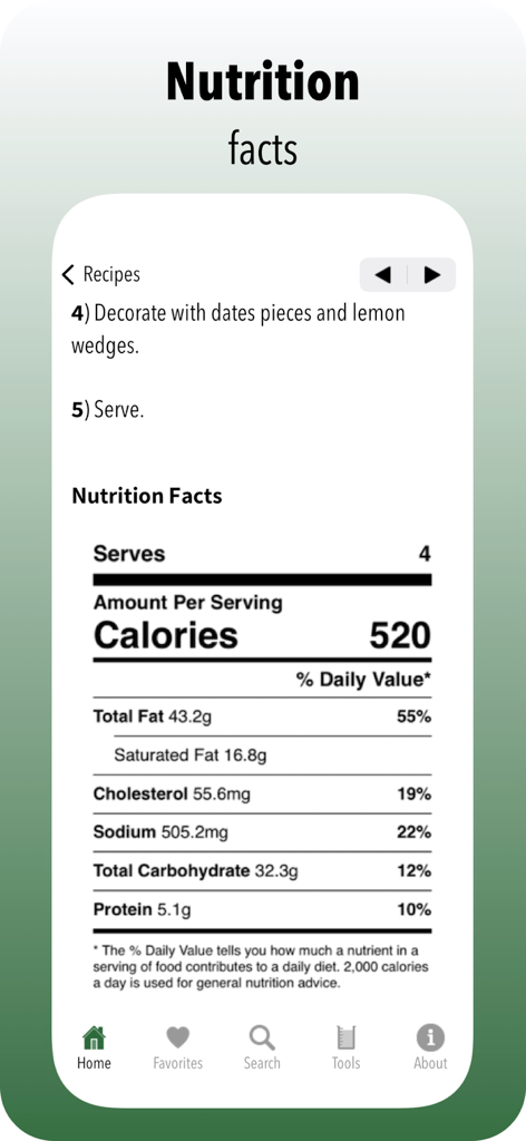 A nutrition facts label displaying calorie and nutrient information for a recipe in the Arabian Flavors app