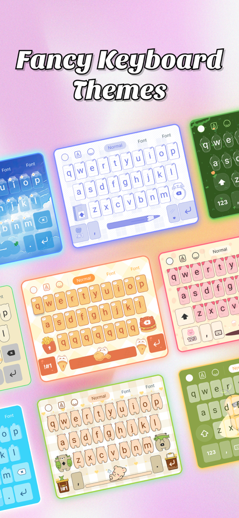 Font Keyboard - Cool Font - A variety of colorful and aesthetic fancy keyboard themes featuring cute characters and stylized buttons.