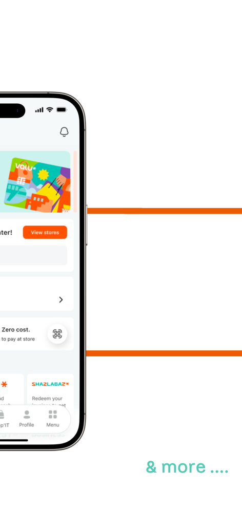 Valu - Una pantalla de móvil mostrando el panel de inicio de la aplicación Valu con una tarjeta digital y funciones de compra.