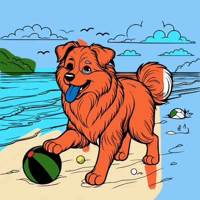 realistic dog playing with a ball at the beach near the shore