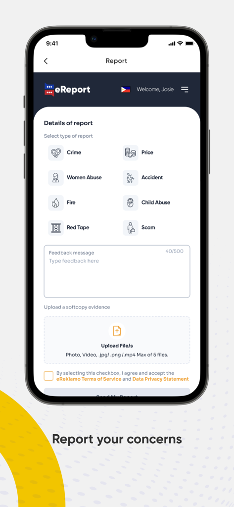 Die eReport-Schnittstelle der eGovPH-App mit Optionen zur Meldung von Kriminalität, bürokratischen Hürden und Betrug