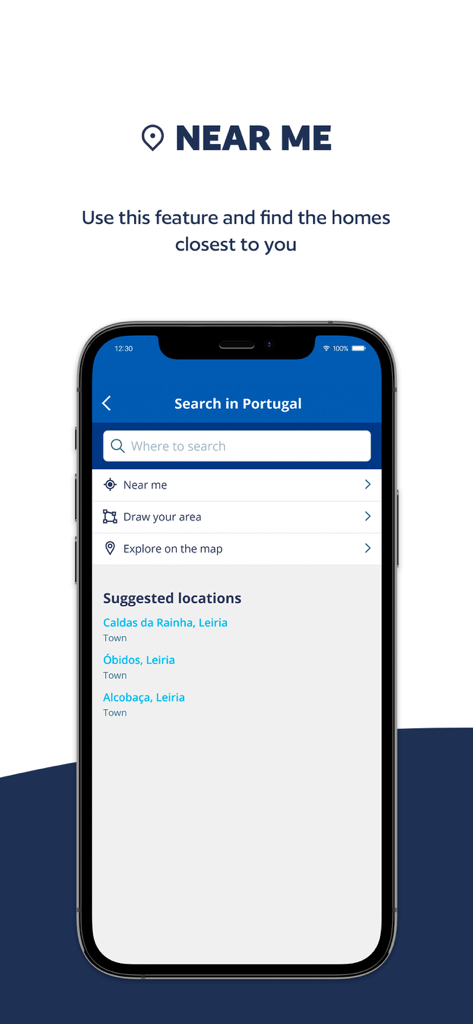 SUPERCASA - SUPERCASA app screenshot showing the search by location and near me feature for real estate in Portugal.
