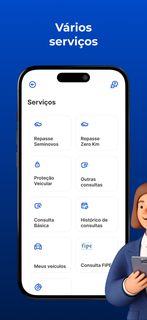 MTix Consulta Veicular - Captura de pantalla de la aplicación MTix Consulta Veicular que muestra el menú de servicios con opciones para consultas de historial de vehículos y protección