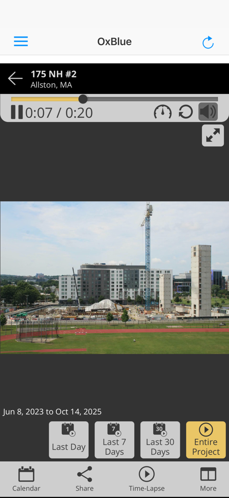 OxBlue Camera Viewer - OxBlue app interface showing a time-lapse video of a construction project site with project duration filters