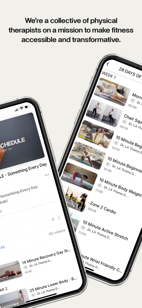 DTBA - Interface do aplicativo DTBA mostrando um programa de 28 dias com treinos liderados por fisioterapeutas, como alongamentos matinais e treinamento de força.