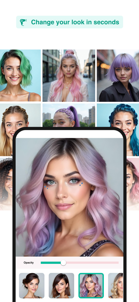 Makeover photo hairstyles app - 女性の変身向けの、さまざまなバーチャルヘアカラーとスタイルのオプションを表示しているモバイルアプリのインターフェース。