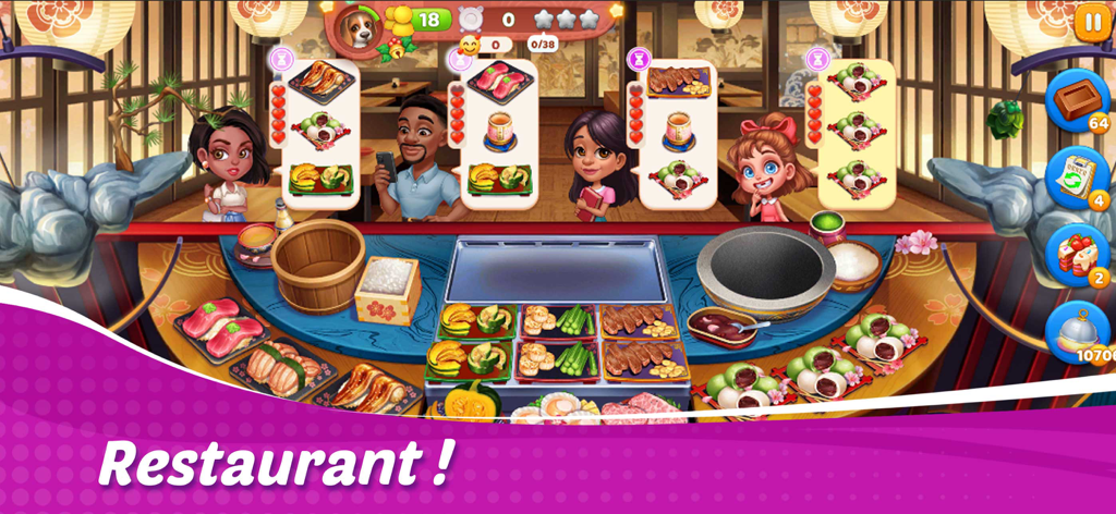 Cooking Wonder: Cooking Games - Tela de jogabilidade de Cooking Wonder mostrando clientes pedindo sushi em um restaurante japonês.