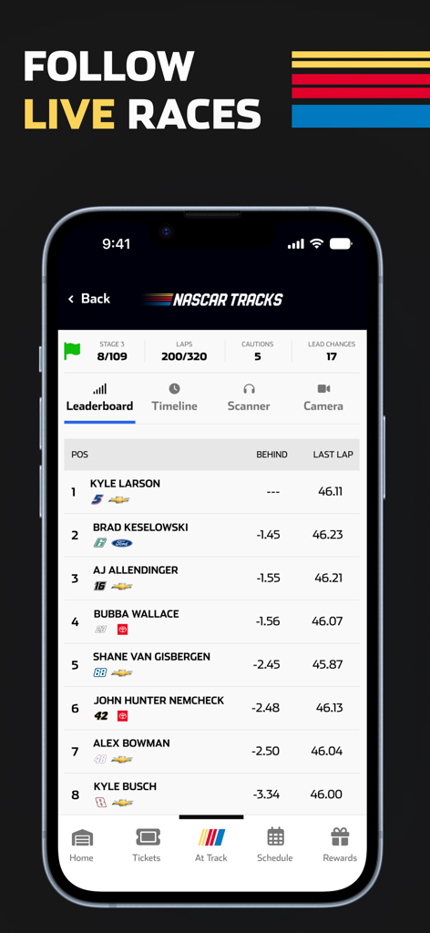 NASCAR Tracks - Live race leaderboard on the NASCAR Tracks app showing driver rankings and lap times