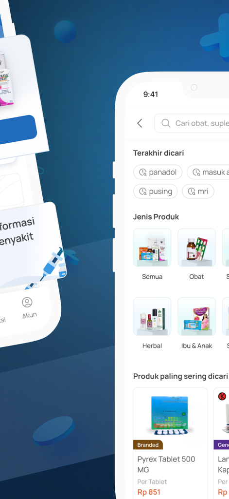 Medicastore - Search interface of Medicastore app featuring health product categories and medicine listings