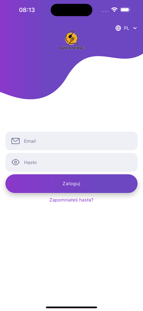Quick Serve App - Login screen of the Quick Serve App with email and password input fields and a purple login button.