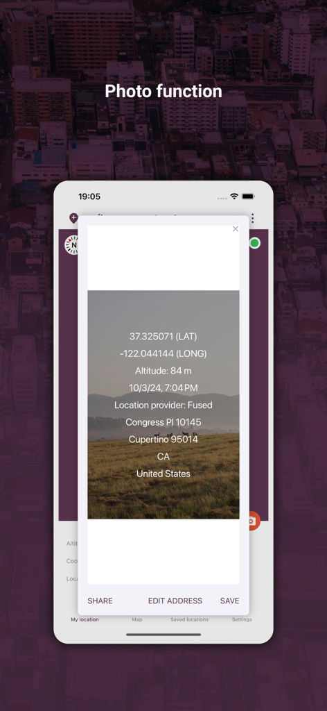 My GPS Locationアプリのジオタグ付き写真に、緯度経度と住所のオーバーレイが表示されています