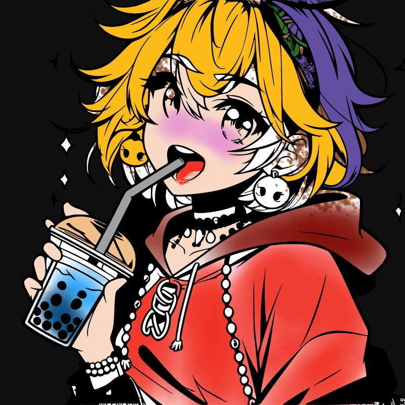 hot baddie anime girl drinking boba and biting the straw